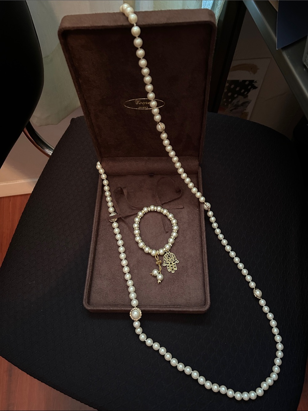 Pearl Necklace and Bracelet Set with Hamsa Charm - White Pearls